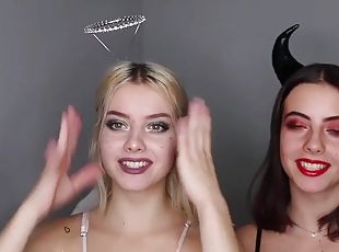 Teenage twins try on a Halloween costume