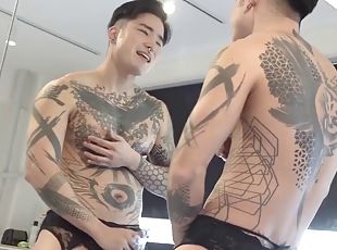 asiatique, masturbation, mamelons, gay, solo