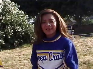 Big booty brunette in cheerleader uniform loves anal ravishing