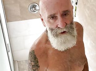 bañando, papá, gay, americano, consolador, ducha, a-solas, papi