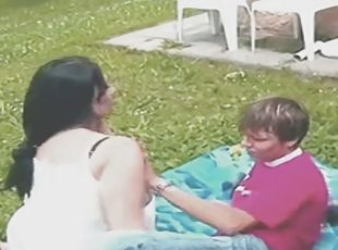 Hot milf with exposed ass gets fucked in the backyard