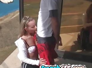 Cute blonde blows horny BF in public