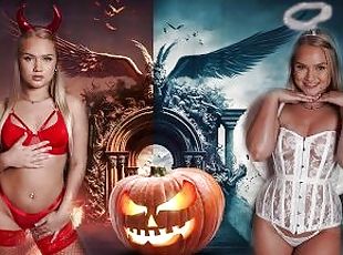 nagymell, szopás, tinilány, kemény, csizmás, nézőpont, szőke, angyal, popsik, halloween