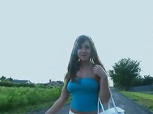 en-plein-air, public, amateur, ados, brunette, réalité, clignotant, juteuse