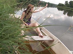 Nature loving redhead teen rubbing her cunnie outdoors