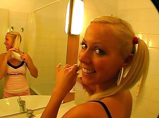 Cute blonde teen with pigtails swallows a cum after a hard pounding