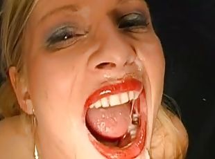 pussy, blowjob, svelging, strømper-stockings, facial, cum, blond, bukkake, naturlig, perfekt