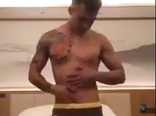 asiatique, masturbation, ejaculation-sur-le-corps, gay, solo