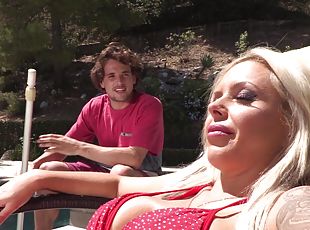 Chubby blonde Nina Elle drops her red bikini to be fucked hard